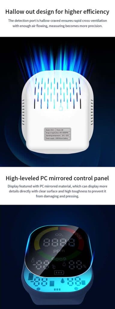 El Monitor de CO2 CDP-CO2-3 es un dispositivo, homologado por la CE, de alta precisión y diseño tanto para uso portátil como fijo que se utiliza para detectar la concentración de dióxido de carbono, temperatura y humedad en el ambiente con una interfaz intuitiva con iconos a color muy fácil de entender por el usuario.