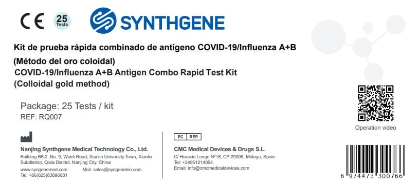 Test Rápido Combinado Antígenos SARS-CoV-2 y Gripe A-B Synthgene – 25 Uds