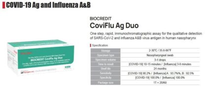 Test de antígenos Covid-19 y Gripe A/B BIOCREDIT CoviFlu Ag Duo - Pack 20 test